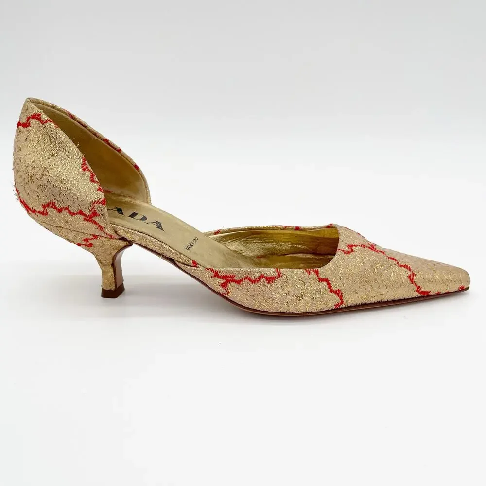 Prada Vintage Gold Brocade Red Woven D’Orsay Pointed Toe Kitten Heels IT 36 - Picture 2 of 12